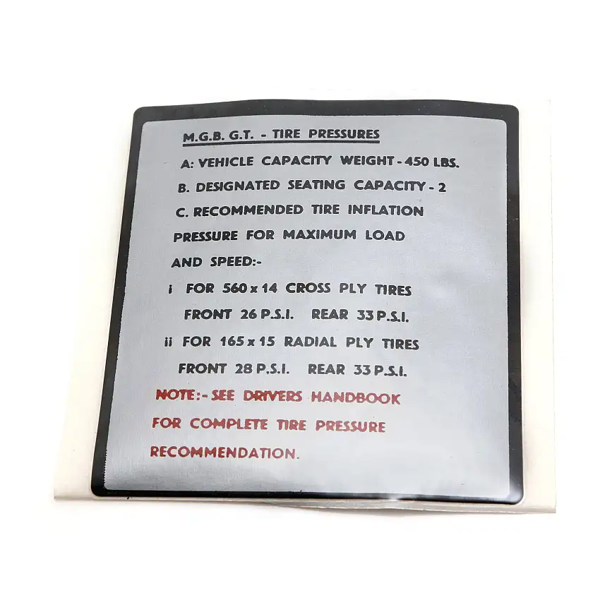 TIRE PRESSURE STICKER, GT