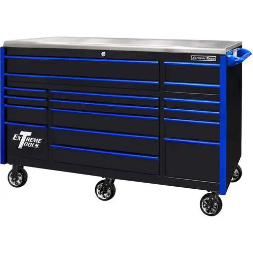 72 Inch EXQ Series Professional Roller Cabinet, Black W/Blue Handles