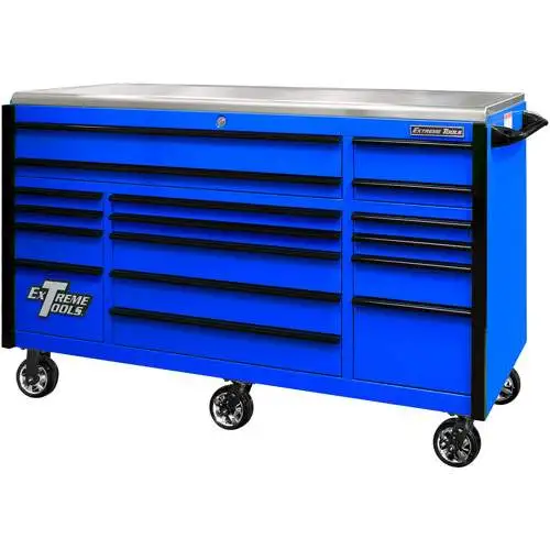 72 Inch EXQ Series Professional Roller Cabinet, Blue W/Black Handles