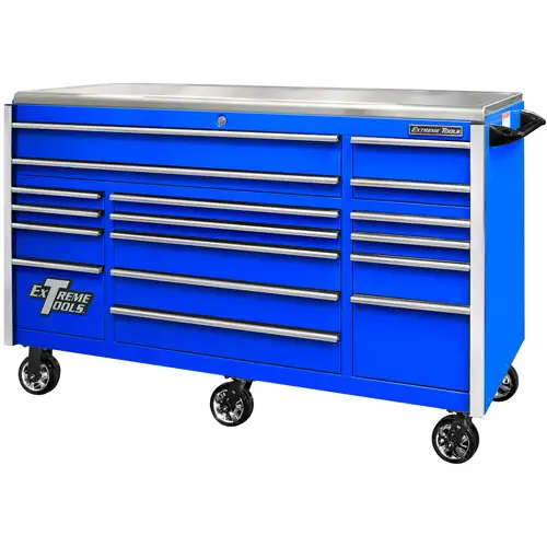 72 Inch EXQ Series Professional Roller Cabinet, Blue W/Chrome Handles