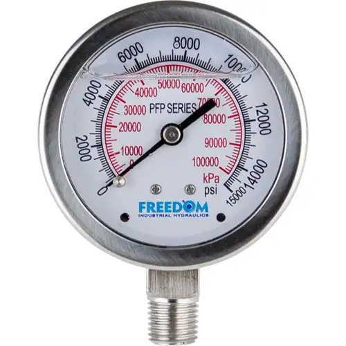 2.5 Inch Face, Glycerin Filled Liquid Gauge, 15,000 PSI, 1/4 Inch NPTF
