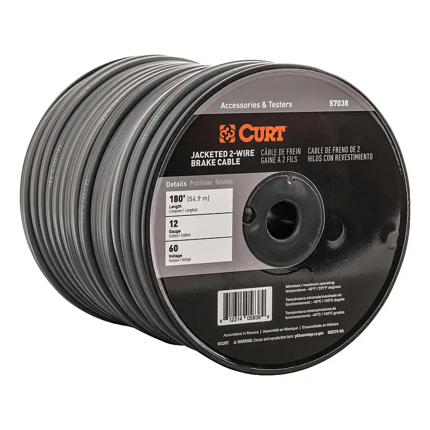 CURT 57038 2-Wire Jacketed Trailer Brake Cable, 180' Spool, 12 Gauge Wire