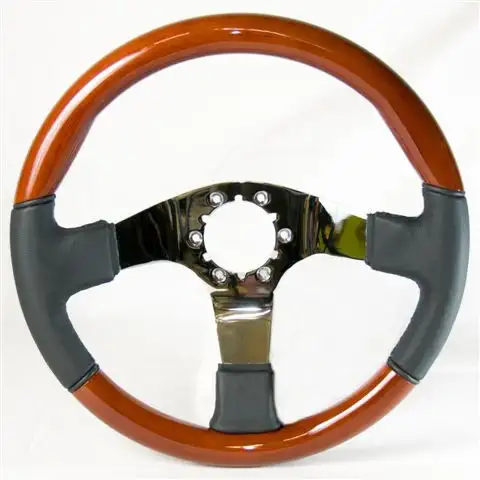 WHEEL-STEERING-BLACK LEATHER-MAHOGANY-POLISHED 3 SPOKE-WITH TILT AND TELE-EXC 76-69-82 (#E13432)