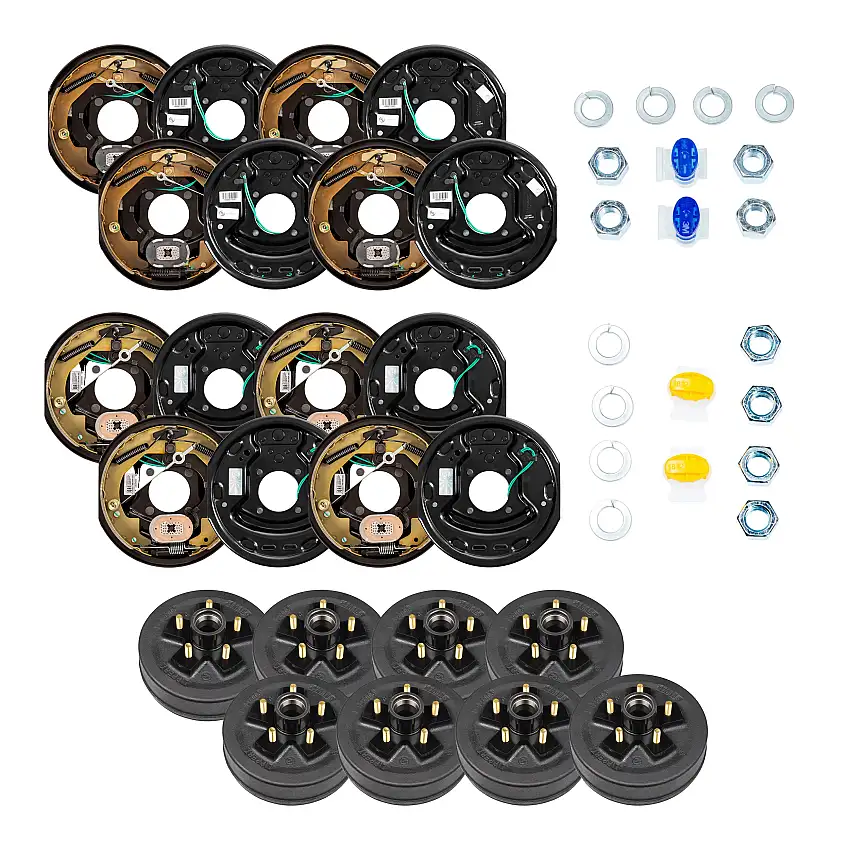 Lippert 10" Brake Kit – 8 Hubs 5 on 4.5", 1/2" Stud for 3,500 lbs Axles, Plus 4 Left & 4 Right Forward Self-Adjusting RV Brake Assemblies