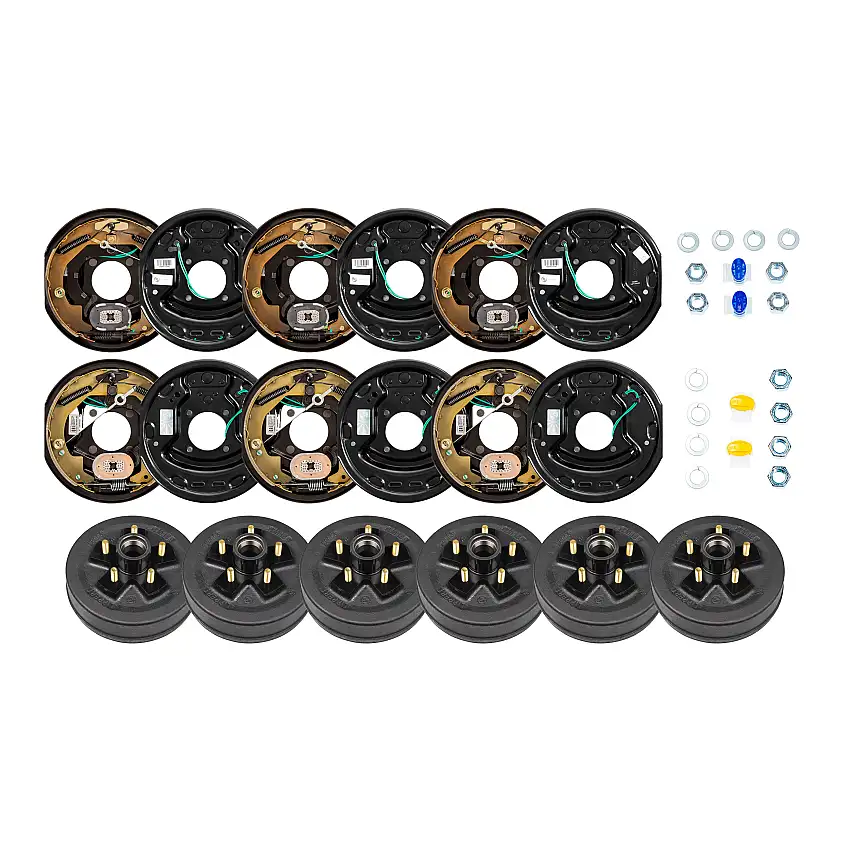 Lippert 10" 3,500 lb RV Brake Kit – 6 Brake Drum Hubs (5 on 4.5", 1/2" Stud) with 3 Left & 3 Right Forward Self-Adjusting Brake Assemblies