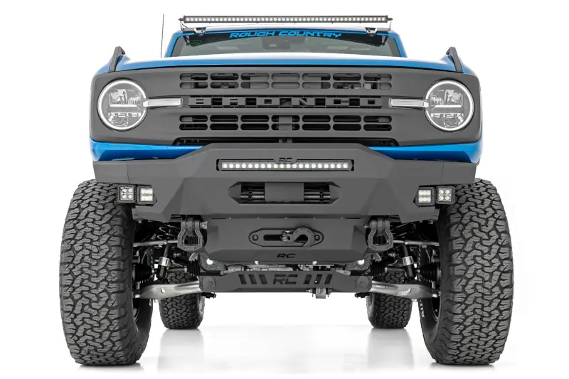 2021-2025 Ford Bronco Rough Country High Clearance Front Bumper with Black Series 20 inch Light Bar and Flood & SAE Fog Cubes | 51084