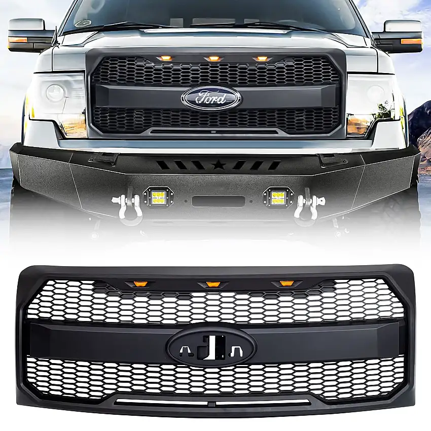 AMERICAN MODIFIED Raptor Style Grille w/ Amber Lights& Emblem Holder, Matte Black for 09-25 Ford F-150 AMFMAA00159