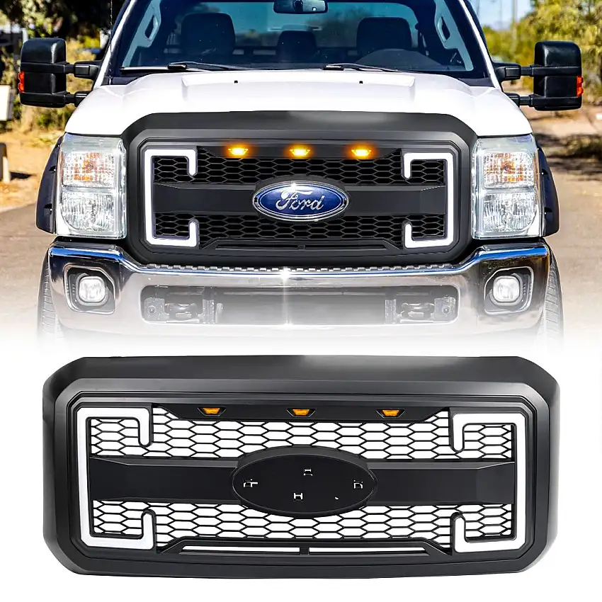 AMERICAN MODIFIED Raptor Style Mesh Grille with Amber Lights, DRL, Signal Lights and Emblem Base for 11-16 Ford F-250 Super Duty,11-16 Ford F-350 Super Duty,11-16 Ford F-450 Super Duty,11-16 Ford F-550 Super Duty AMFMFA00130