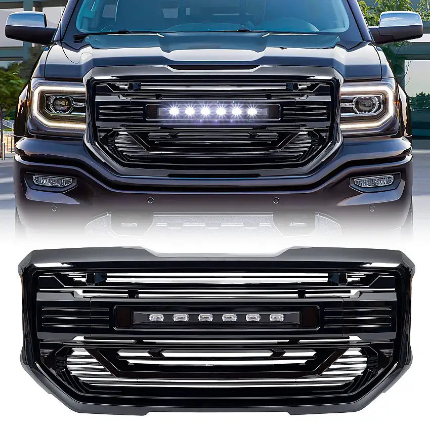 AMERICAN MODIFIED Armor Grille with Off-Road Lights - Glossy Black for 16-18 GMC Sierra 1500 AMGMAA00102