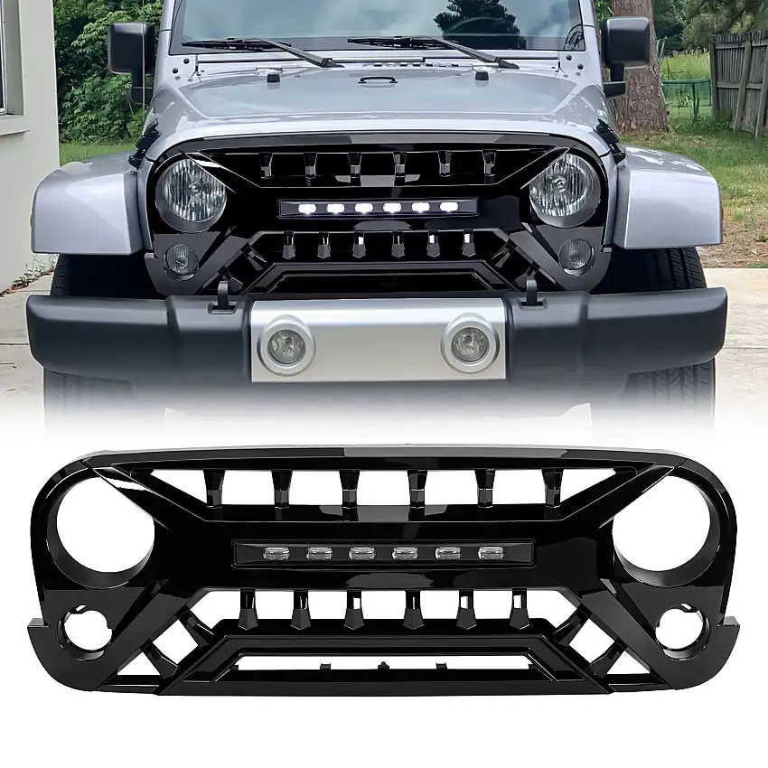 AMERICAN MODIFIED Armor Grille with Off-Road Lights - Glossy Black for 07-17 Jeep Wrangler,2018 Jeep Wrangler JK AMJPAA00135