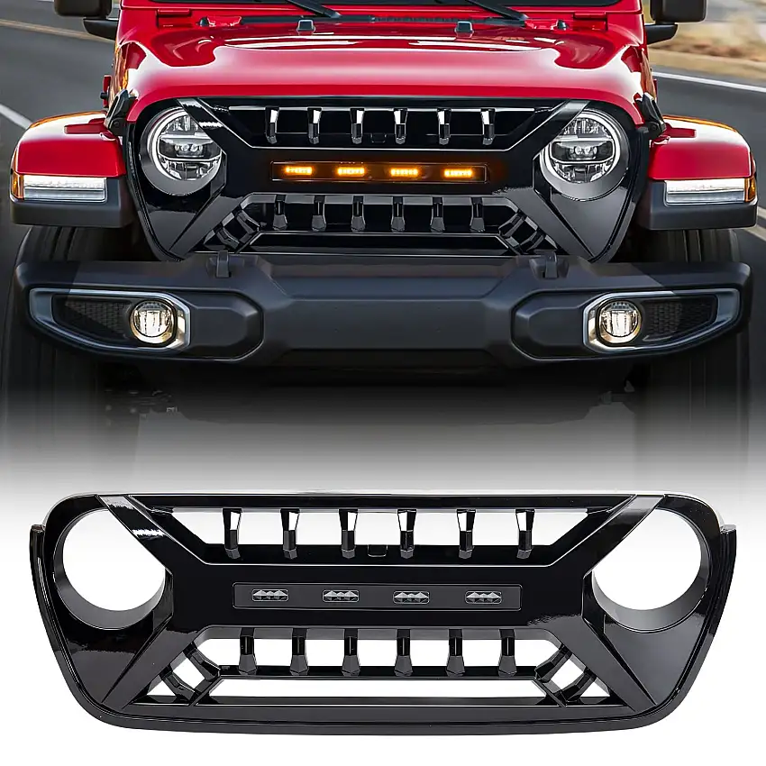 AMERICAN MODIFIED Armor Grille with LED Amber Lights in Glossy Black for 18-24+ Jeep Wrangler & 20-24+ Jeep Gladiator AMJPCA00128