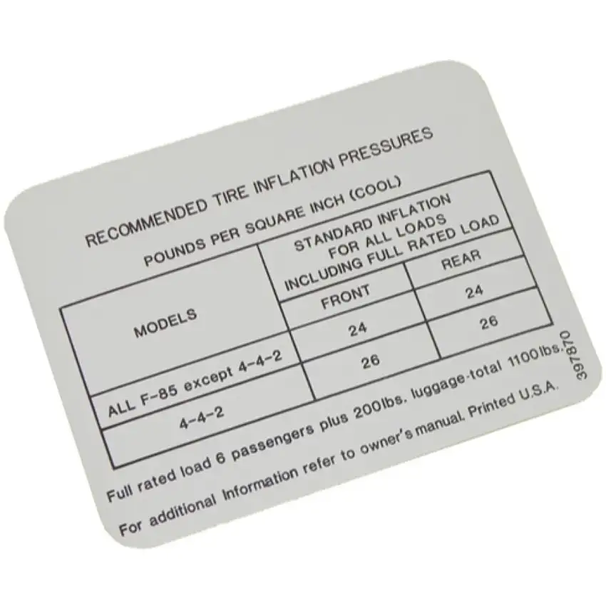 1967 Oldsmobile Cutlass Tire Pressure Decal 1pc